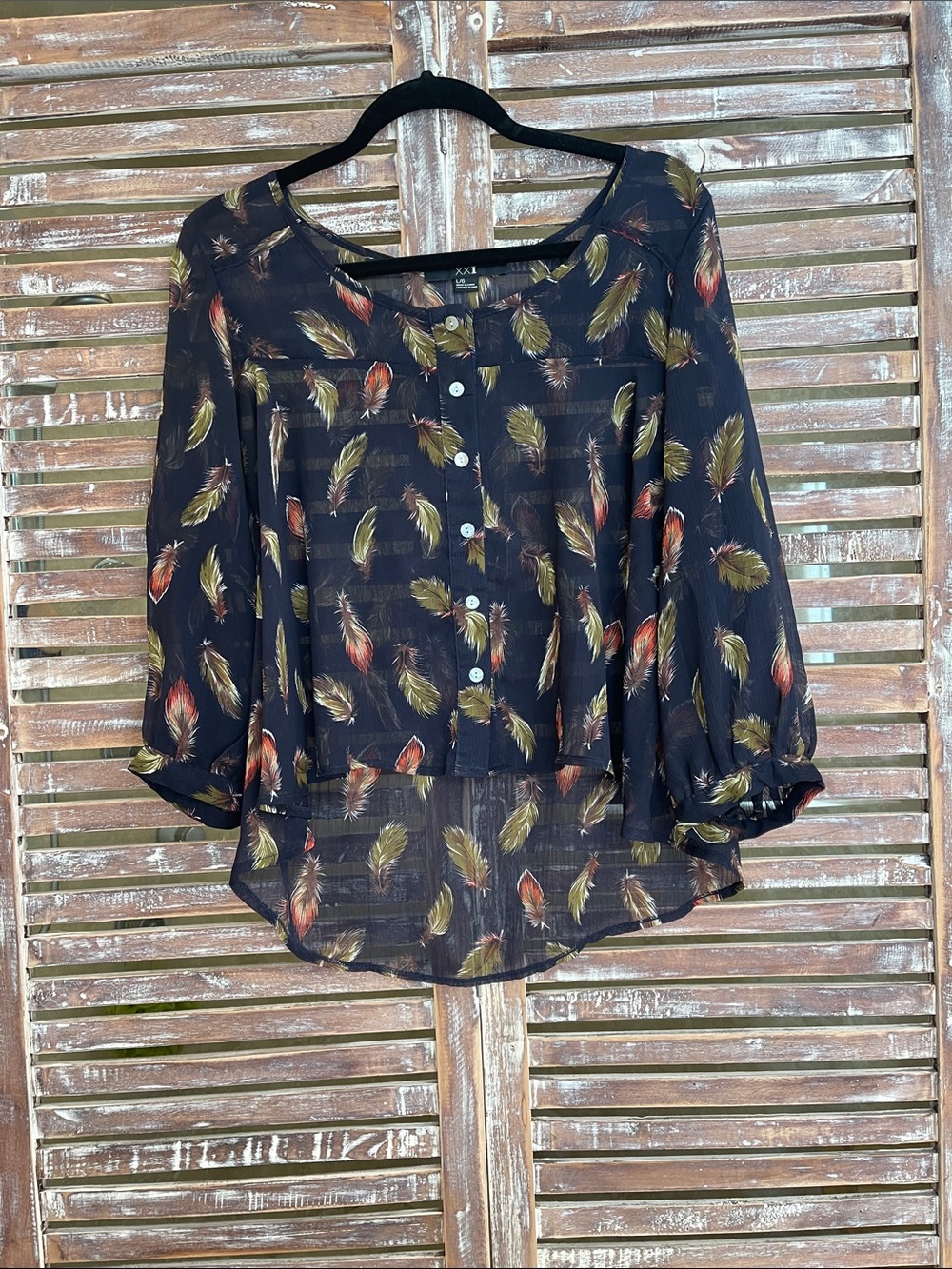 Large Forever 21 navy  Sheer Blouse with Olive and Rust Feather Print